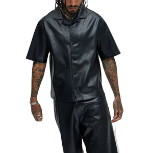 Chemise en cuir à manches courtes pour homme sur mesure, écologique, respirante, coupe-vent, col rabattu, bouton en corne, taille plus, décontractée, été - Product Image 1