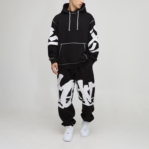 Conjunto Deportivo Estilizado Hecho en Fábrica, Sudadera Corta Cuadrada con Estampado Completo Personalizado, Pantalones Deportivos y Sudadera con Capucha Estilo Vintage para Hombre - Product Image 1