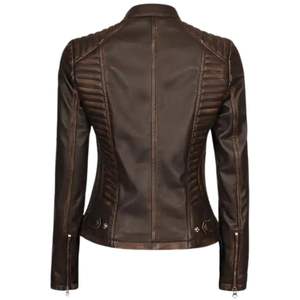 Veste de moto en cuir véritable imprimée pour femme, décontractée, unie, à capuche, manches longues évasées, taille haute, style streetwear, en laine - Product Image 3