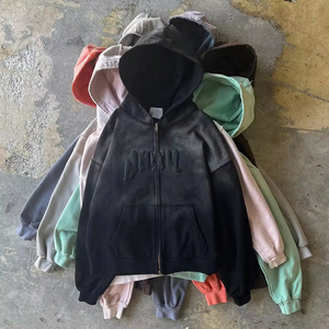 Survêtement délavé à l'acide survêtement sweat à capuche zippé et pantalon de survêtement ensemble de survêtements évasés à impression bouffante survêtements hommes - Product Image 2