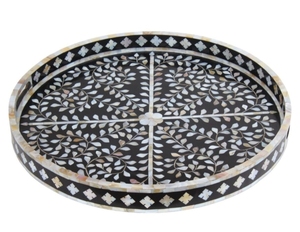 Plato para Servir Hecho a Mano con Incrustaciones de Hueso y Diseño Floral Étnico en Resina |   Decoración de Cocina Antigua - Product Image 3