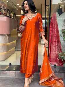 Traje Salwar Kameez tradicional bordado naranja para mujer hecho de tela de seda romana para fiestas todas las estaciones - Product Image 3
