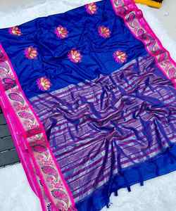 Saree de lino versátil con trabajo de lentejuelas y bordado a mano para ropa informal y de fiesta Sari exclusivo para una prima - Product Image 6