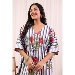 Vestido Kaftán Maxi a Rayas Fayra Poppy para Mujer, 100% Algodón, Atuendo Informal para Invitadas de Boda - Product Image 1