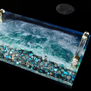 Bandeja de diseñador de resina de lujo azul, bandeja elegante hecha a mano para servir té, café, aperitivos, perfecta para decoración del hogar y uso de mesa - Product Image 1