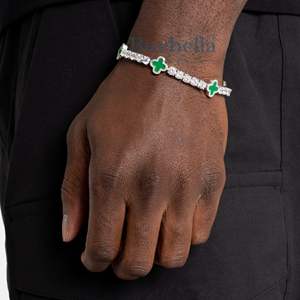 Bijoux fins plaqués or blanc 14 carats 12mm Bracelet de tennis pour hommes Trèfle vert Moissanite avec diamant Bracelets élégants - Product Image 1