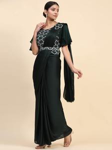 เสื้อส่าหรีผ้าซาตินแท้พร้อมงานปักลายทำงานแฟชั่นสำหรับผู้หญิง - Product Image 4