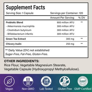 Cápsulas Probióticas de Akkermansia Clostridium y Bifidobacterium, 900 Millones de UFC, Enriquecidas con Prebióticos de Achicoria y Té Verde, 90 Unidades - Product Image 5