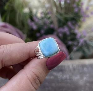 Handmade Women's 925 Sterling Silver Classic <b>Wedding</b> Proposal Engagement <b>Ring</b> Natural Larimar Gemstone Oval Cut Bezel Setting - Product Image 2