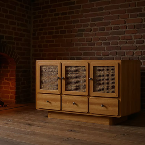 100% Teak Wood <b>Rattan</b> Accent Minimalist Chest for Indoor & Apartment Furniture - Product Image 1