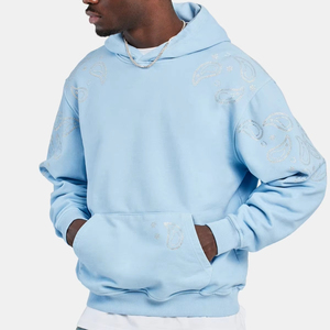 Sweat à capuche en molleton de haute qualité bleu clair chaud style pull avec strass ourlet côtelé aux poignets décontracté régulier 100% coton - Product Image 1