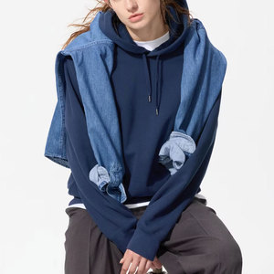 Nave Blue Letter Print Hoodie Casual Cordón Kangaroo Pocket Hoodies Private Label Regular Fit Neck Label Hoodie Sudaderas - Product Image 4