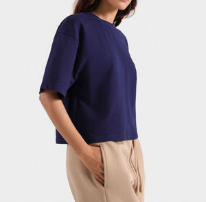 Camiseta Corta Azul Marino para Mujer, Corte Holgado, Personalizable, Estilo Casual, Urbano, Moderno, al por Mayor, Lisa, de Verano - Product Image 5