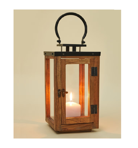 Antique Style Solid Wood Lantern <b>Tea</b> <b>Light</b> Candle Holder with Metal Handle Perfect for Elegant Home and Living Room Decor - Product Image 1