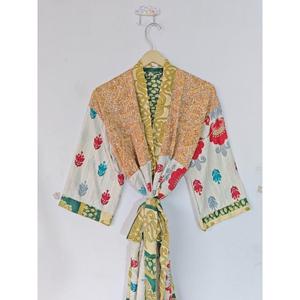 Bata Kimono larga Sari de seda reciclada, cubierta de Bikini, vestido de dormir, vestido de maternidad, bata térmica portátil para la temporada de primavera - Product Image 3