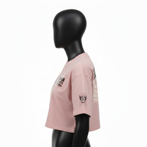 Women Crop Top Premium Cotton Polyester Jersey Fabric 180GSM Soft <b>Blush</b> Pink Custom Woven Patch Logo Women Crop top Shirt Cotton - Product Image 4