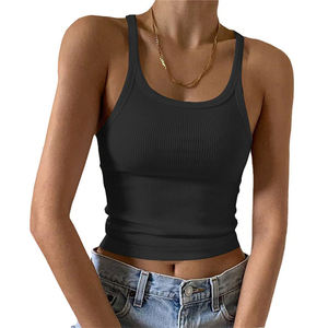 Débardeur court sans manches en coton pour femme, dos nageur, avec décoration en dentelle et détail boutonné, idéal pour la course et le yoga, vente en gros personnalisée - Product Image 2