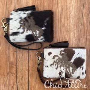 2025 nouvelle grande capacité Western en cuir véritable bracelet peau de vache gravé au Laser gland fermeture éclair pochette longue téléphone portable véritable - Product Image 1