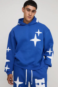 เสื้อฮู้ดดี้พิมพ์ลายดาวสีน้ำเงินสำหรับผู้ชาย ทรงโอเวอร์ไซส์ ผ้าฝ้ายเฟรนช์เทอร์รี่ สวมใส่สบายๆ สำหรับฤดูใบไม้ร่วง มีกระเป๋า แขนเสื้อแบบปกติ - Product Image 2