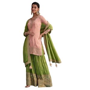 Traje Palazzo de tejido verde melocotón nd con zardosi y lentejuelas trabajo venta al por mayor Ropa Étnica fábrica de ropa proveedor a granel moda - Product Image 2