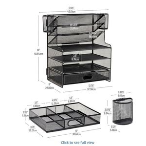 Metal Mesh Desk 6 Compartments 1 Drawer 2 <b>Pen</b> Cups Office Desktop File Organizer - Product Image 4