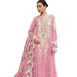 Vêtements islamiques d'Arabie Saoudite, ensemble Kurti Sharara à col lourd orné de perles, robe de fête de mariage, viscose/rayonne, soie georgette - Product Image 1