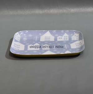 Bandeja decorativa azul moderna con forma redonda e impresiones navideñas coloridas, ideal para servir y exhibiciones festivas - Product Image 3