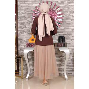 Traje Casual de Falda de Tul Marrón MSW19151-2 de Algodón Tejido con Decoración de Encaje, Opciones de Tops Largos y Cortos, Ajuste Ceñido, Cuello Cuadrado - Product Image 5