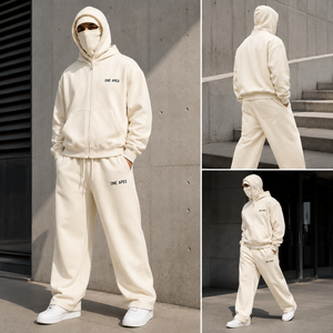 Ensemble de survêtement personnalisé ivoire avec cagoule à double capuche, sweat à capuche zippé oversize et pantalon large, style streetwear, OEM ODM, marque privée, taille XL - Product Image 4
