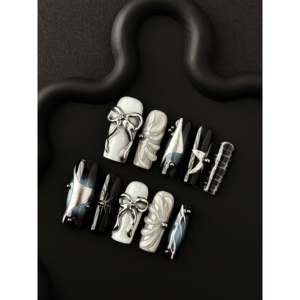 Uñas Postizas Plateadas con Diseño de Lazo, Elegantes Calcomanías para Uñas para Mujer - Product Image 3