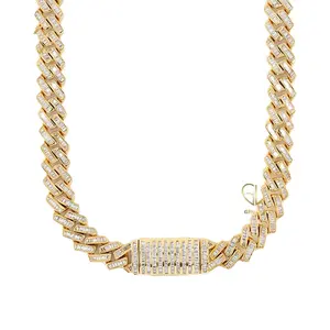 Hot Selling Trendy HipHop Baguette Cut Moissanite Diamond Jewelry 14K Solid Gold Miami Cuban Link Necklace Chain For Men