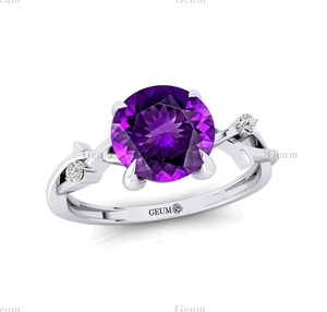 14k Solid <b>Gold</b> <b>Amethyst</b> & Diamond February Birthstone <b>Ring</b> Engagement <b>Ring</b> Inspired Diamond <b>Ring</b> with Round Gemstone - Product Image 3