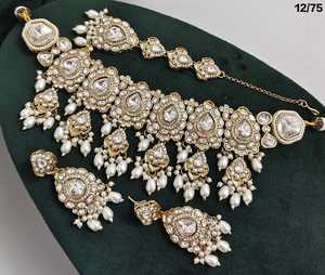 Chapado en oro antiguo hermoso impresionante Kundan cristal colgante gota gargantilla boda collar joyería con pendientes y Mangtika mujeres - Product Image 2