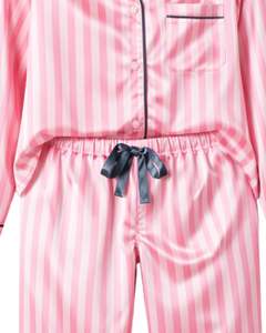 Ensemble de pyjama en satin de soie rayé rose pour femmes, fabriqué par le fabricant, boutonné, manches longues, vêtements de nuit luxueux, doux, brillant, vêtements de détente - Product Image 6