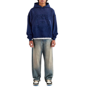 Sudadera con Capucha Extra Grande de Alta Calidad, Estilo Holgado, Lavada, con Letras Bordadas, Borde Crudo, Azul Marino, para Hombre - Product Image 3