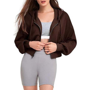 OEM ODM Custom Zip up Relaxed Fit Cotton Polyester Fleece <b>Cropped</b> Gym Fitness Full Zip up Puff Print Hoodies for women - Product Image 3
