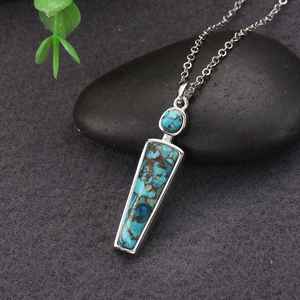 Collier pendentif en argent sterling fait à la main serti de lunette or rhodium cuivre turquoise pierre précieuse pour cadeau d'anniversaire de femme - Product Image 2