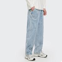 Jeans droits pour hommes, bleu clair, personnalisables avec logo OEM, 100% coton, adoucissants, respirants, grandes tailles, style urbain, délavage clair