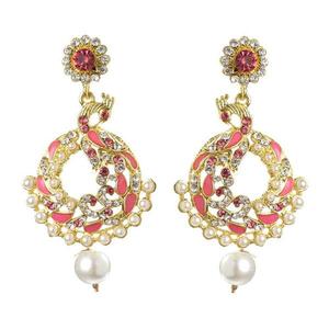 Boucles d'Oreilles Lustre Plaqué Or Pierre Kriaa Rose Meenakari Paon Dangler Bijoux de Mode - Product Image 1