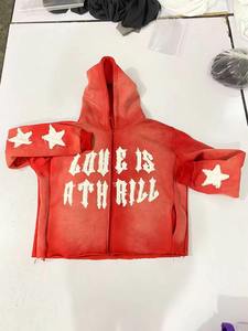 100% algodón ropa de calle personalizada lavado con ácido desgastado bordado con capucha 2025 parche apliques peso pesado sudor traje de los hombres - Product Image 5