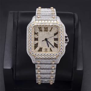 Reloj Mecánico Automático Cuadrado de Lujo Personalizado con Diamantes Moissanite VVS para Hombre, Estilo Hip Hop, Totalmente Blanco, con Esfera de Cristal Dorado y Plateado - Product Image 1