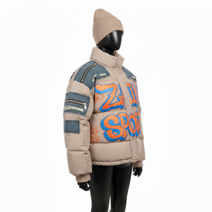 Chaqueta Acolchada Extra Grande para Mujer, Exterior de Nailon, Relleno de Algodón, Panel de Mezclilla, Bordado, Estampado, Logotipo Personalizado, Ropa de Invierno - Product Image 5