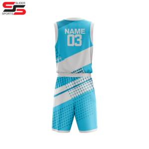Vente en gros de maillots de basket-ball sublimés, uniformes de basket-ball réversibles en maille de couleur bleu blanc avec logo personnalisé - Product Image 2