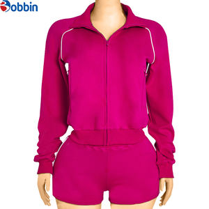 Ensembles de survêtements personnalisés pour femmes, couleurs contrastées, logo personnalisé, en coton, vestes à manches longues avec shorts - Product Image 5