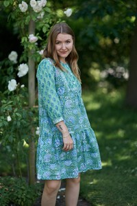 Vestido Moana Estampado a Mano, Estilo Bohemio, Floral, Verde Azul, Algodón Puro, Informal, Ocasional, Moda Ética - Product Image 3