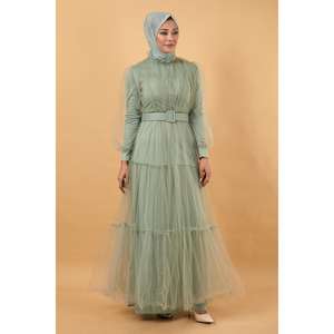 Vestido de Noche Formal XS con Volantes de Tul y Lentejuelas, Cuello Alto, Cintura Imperio y Cola Larga para Fiestas y Eventos Formales - Product Image 6