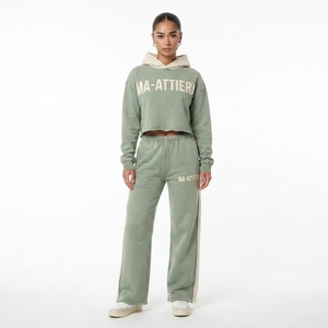Custom <b>Women</b> Sage Green Acid Wash Cropped Hoodie Wide Leg <b>Jogger</b> Set Cotton <b>Fleece</b> Streetwear Tracksuit OEM - Product Image 1