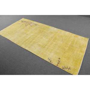 3.9x8.2 ft Rug, Turkish Rug, Vintage <b>Yellow</b> <b>Wool</b> Striped Rug - Product Image 2
