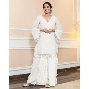 Chandani Women's <b>White</b> Cotton Chikankari <b>Sharara</b> Set by Thread & Button - Product Image 5