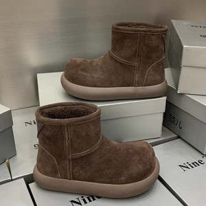 Mid-Calf Cow Suede <b>Flat</b> Snow <b>Boots</b> with Faux Fur Short Pile Mid <b>Heel</b> (3-5cm) Rubber Sleeve Winter Ankle Bootie - Product Image 5